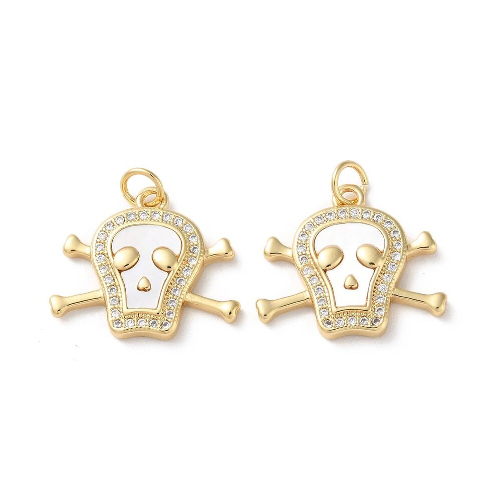 6492 5 pcs Skeleton Head Theme Brass Shell Cubic Zirconia Charms Spooky